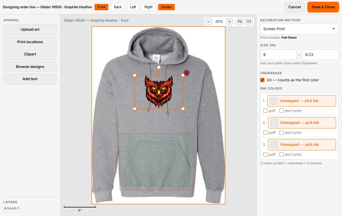 Art placed on the real garment, sized inside the print zone
