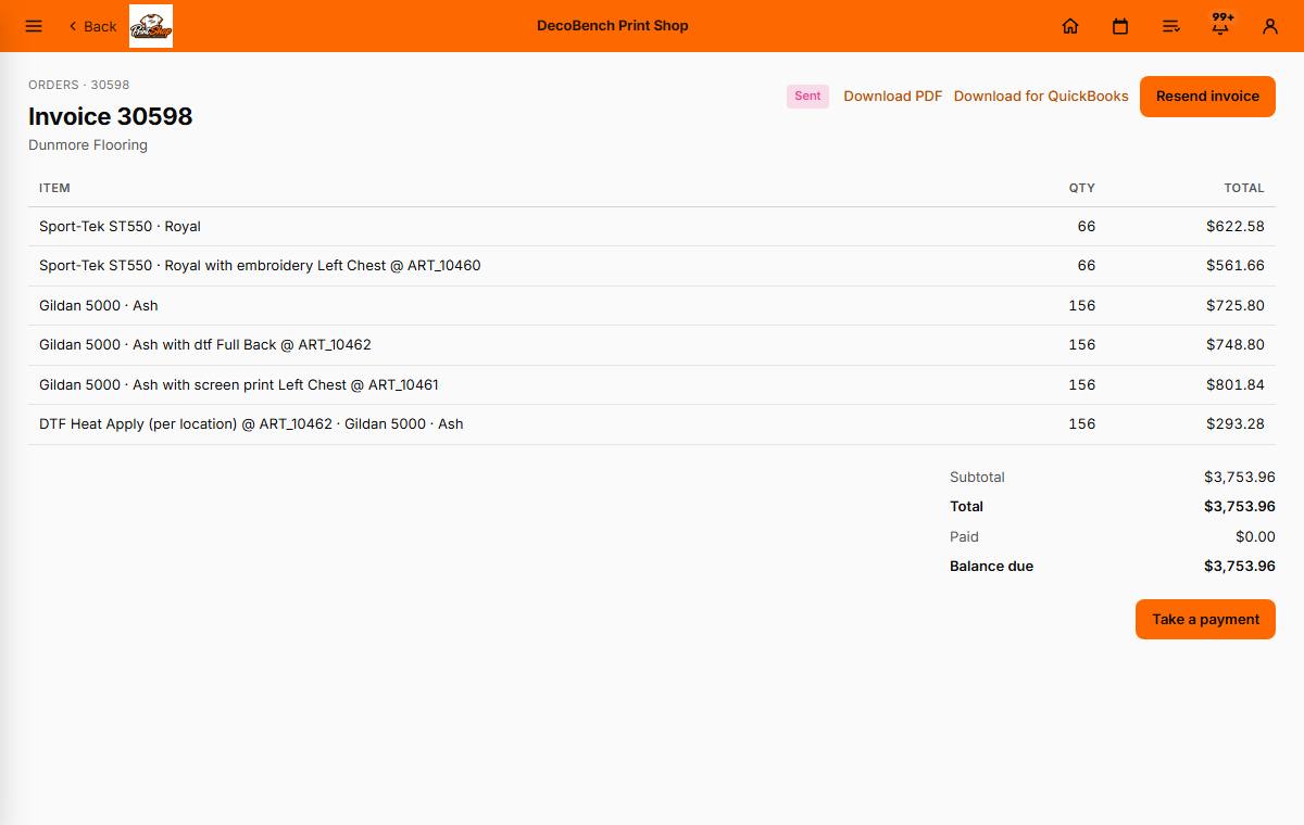 An invoice off a real order, ready to send