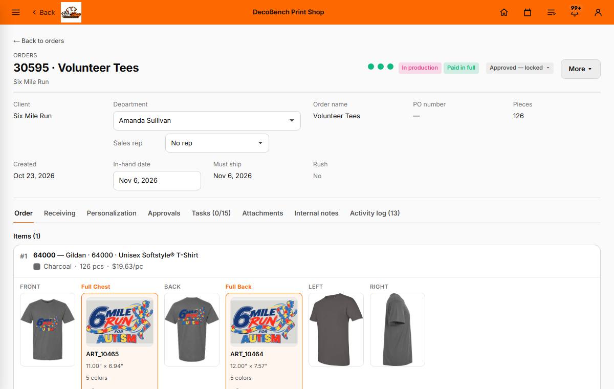 One order open: the garments, the size run, the art