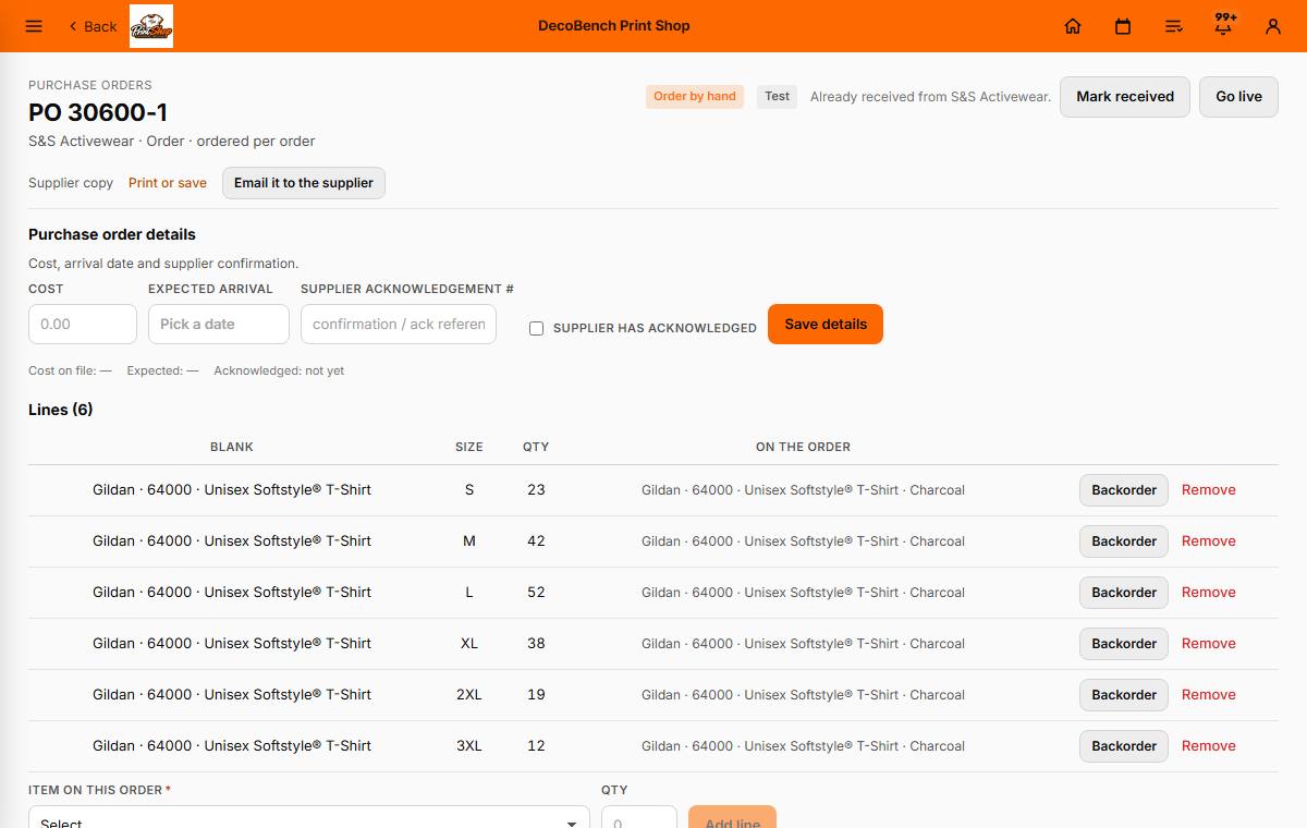 A purchase order to a supplier